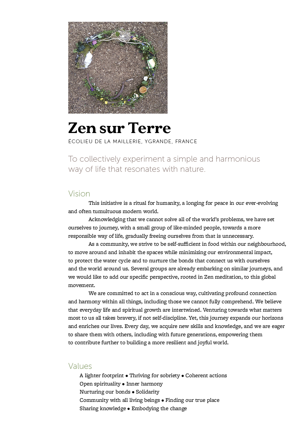 First page of the Zen sur Terre presentation brochure