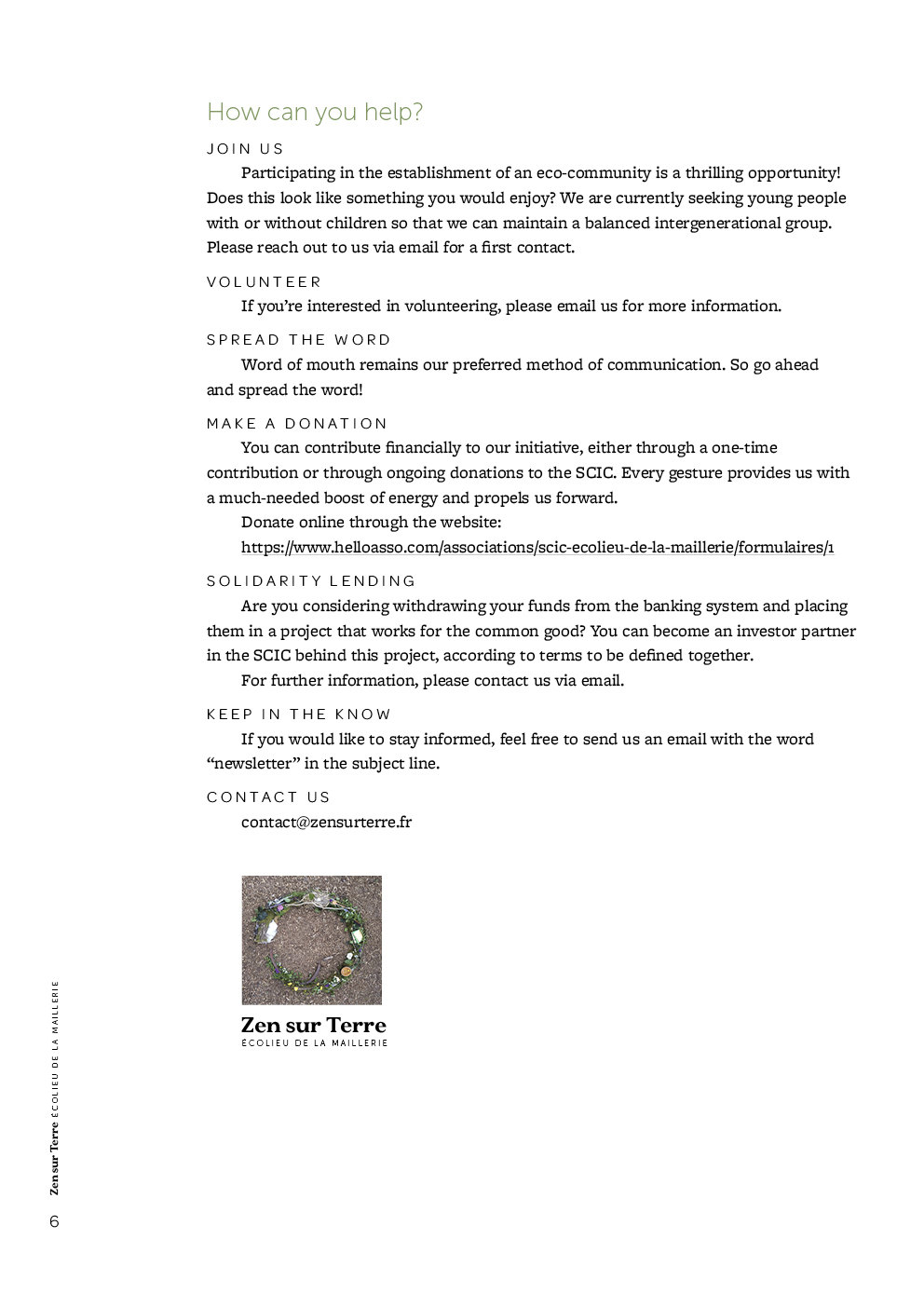 Sixth and final page of the Zen sur Terre presentation brochure